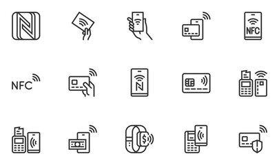 Set of Vector Line Icons Related to NFC. Payment by Smartphone via Pin Pad. NFC Communication, Online Payment, Wireless Payment. Editable Stroke. 48x48 Pixel Perfect.