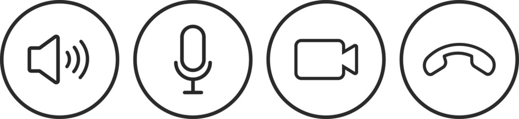 Set of Video call icons. Video conference. Collections buttons of on-line video chat app, internet talk, call technology. Web app ui display template. Videoconferencing and online meeting workspace
