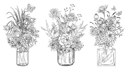 Black and white Set of bouquets of flowers in glass vases