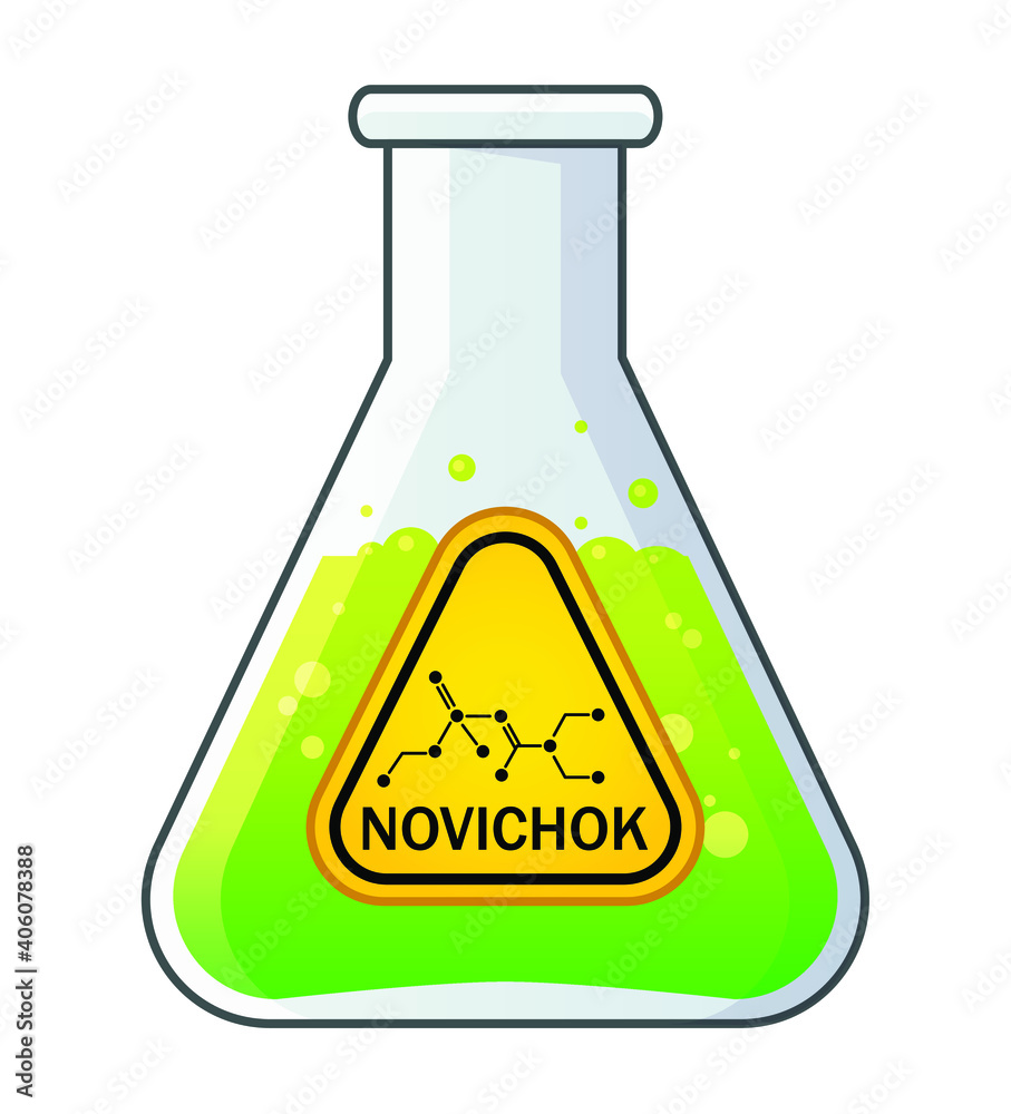 Chemical glass flasks of different forms with blue, green and pink liquids.  Yellow label with novichok indicated. Nerve agent and binary chemical weapon.  Poison or acid. Cartoon illustration. Stock Vector | Adobe, image size:907x1000