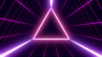 Wall Mural - Digital retro wave grid, wireframe net. Triangle corridor motion background. Cyber space. 80s, 90s retro, vintage style. Neon laser lights blinking. Bright glowing tunnel. Purple, pink colors. 3D clip
