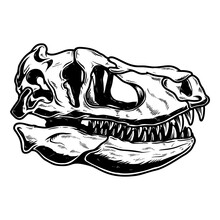 Illustration Of Skull Of Tyrannosaurus Dinosaur In Vintage Monochrome Style. Design Element For Logo, Emblem, Sign, Poster, Card, Banner.