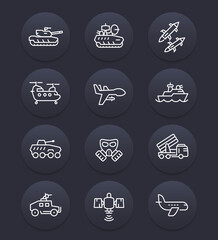 Poster - army line icons, combat tank, military drone, aviation, ship, ballistic missile, helicopter, antiaircraft system, navy, armoured fighting vehicles