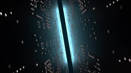 Poster - 3d technology tunnel, computer generated. 3d rendering of narrow space between chips and neon light. Sci-fi backdrop