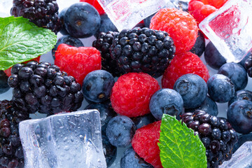 Poster - Selective focus shot of melting ice cubes and various delicious berries