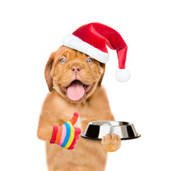 Poster - Happy puppy wearing red santa hat holds empty bowl and shows thumbs up gesture. isolated on white background