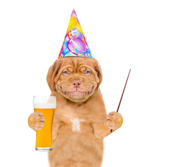 Poster - Dog wearing party cap holds glass of beer and points away on empty space. isolated on white background
