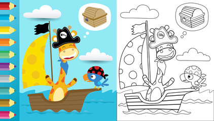 Wall Mural - Vector cartoon of funny pirate animals. Giraffe with bird on sailboat hunting treasure. Coloring book or page 