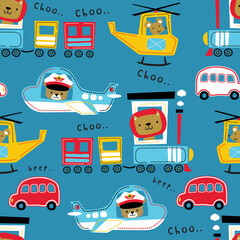 Poster - Seamless pattern vector means of transportations with cute animals on it