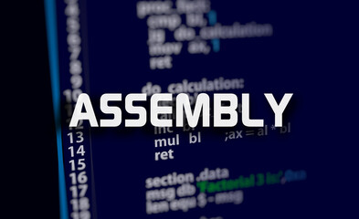 Poster - Assembly code on dark background in code editor and word Assembly. Assembly programing language 