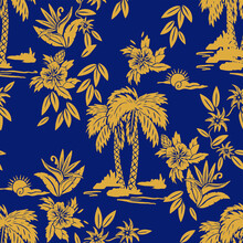 Seamless Vector Print Designs With Hawaii, Tropical, Surf, Palm Tiki Mask Themed.