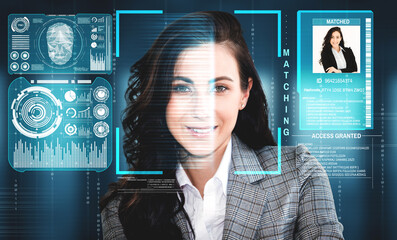 Facial recognition technology scan and detect people face for identification . Future concept interface showing digital biometric security system that analyze human face to verify personal data .