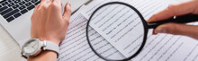 Cropped View Of Translator Holding Magnifying Glass Near Documents With English Text, Banner