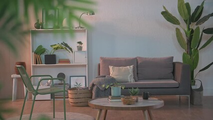 Wall Mural - home with living room and kitchen style. Sofa furniture close up middle table and green plant style. New style house idea.