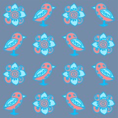 Wall Mural - Cute birds and flowers pattern in pink and denim blue