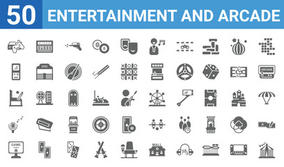 Wall Mural - set of 50 entertainment and arcade web icons. filled glyph icons such as festival,game console,game 
