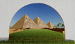 Blick durch ein Tor auf 3 Pyramiden, Wüstenlandschaft, Flora, Fauna, Natur - 3D Render