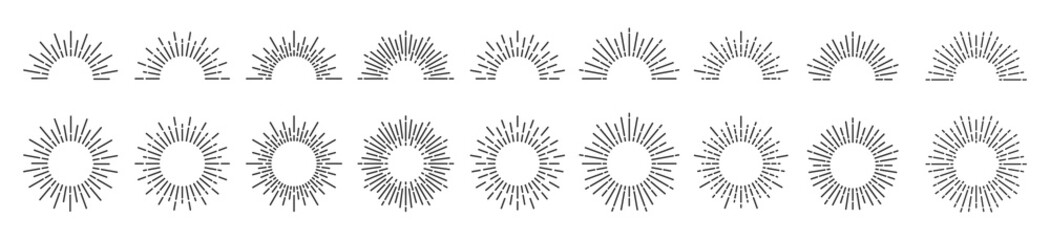 Wall Mural - Set of Sun burst vector icon illustration. light rays elements, Vintage sunburst, Starburst ray or firework decoration with hand drawn sunshine beams.