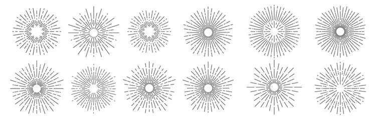 Wall Mural - Set of Sun burst vector icon illustration. light rays elements, Vintage sunburst, Starburst ray or firework decoration with hand drawn sunshine beams.