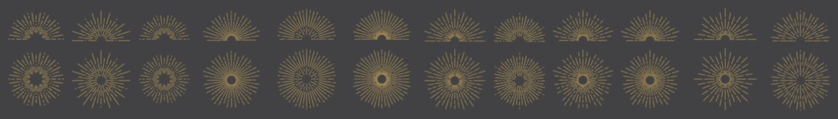 Wall Mural - Set of Sun burst gold color icon  on dark background. light rays elements, Vintage sunburst, Starburst ray or firework decoration with hand drawn sunshine beams.