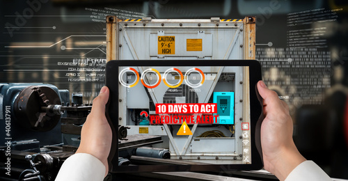 Obraz Dibond Engineer use augmented reality software in smart factory production line with automated application . Futuristic machinery in working in concept of Industry 4.0 or 4th industrial revolution.