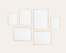 Six Vertical And Horizontal Wooden Frames On Wall, Gallery Wall For Photo, Art, Design Presentation, Frame Mockup, Soft Pink Background.