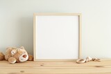 Square nursery art frame mockup, empty wooden frame on shelf in kids room interior.