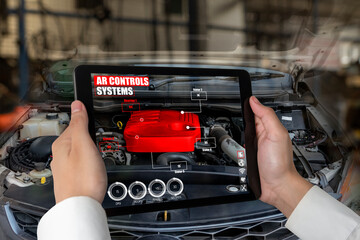 Poster - Engineer use augmented reality software to monitor parts of car vehicle with automated application . Futuristic machinery in working in concept of Industry 4.0 or 4th industrial revolution.