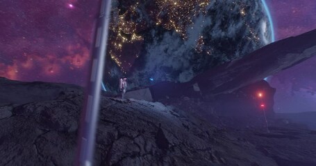Wall Mural - spaceman on alien planet watching flying butterfly against the earth on background