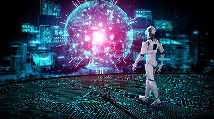 3D rendering robot humanoid analyzing big data using AI thinking brain and machine learning process in concept of the 4th fourth industrial revolution .