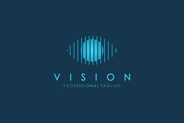 Poster - Abstract Eye Vision Logo. Blue Geometric Striped Lines Eye Icon with Eyeball inside isolated on Blue Background. Usable for Business and Technology Logos. Flat Vector Logo Design Template Element