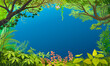 Sky blue background with nature-themed frame with trees, flowers, leaves, and a jungle.