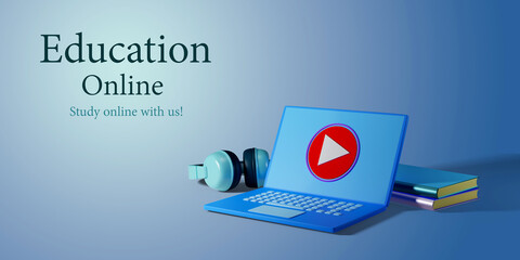 Poster - Digital Online Education. 3d of book, computer learning on phone website background. social distance concept. Classroom Online internet network.