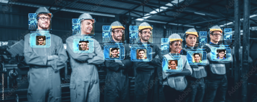Facial recognition technology for industry worker to access machine control . Future concept interface showing digital biometric security system that analyze human face to verify personal data . - obrazy, fototapety, plakaty 