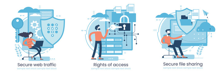 Poster - Secure data transmission concept. Access right. Safe file sharing. Protected web traffic. VPN. Analytical traffic assessment. Sharing documents.
