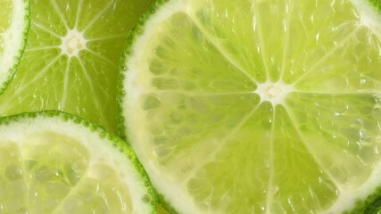 Wall Mural - Lime slices closeup, macro food summer background, fruits top view. Rotate