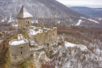 Slovakia - Somosko Castle in winter time with snowy from drone view