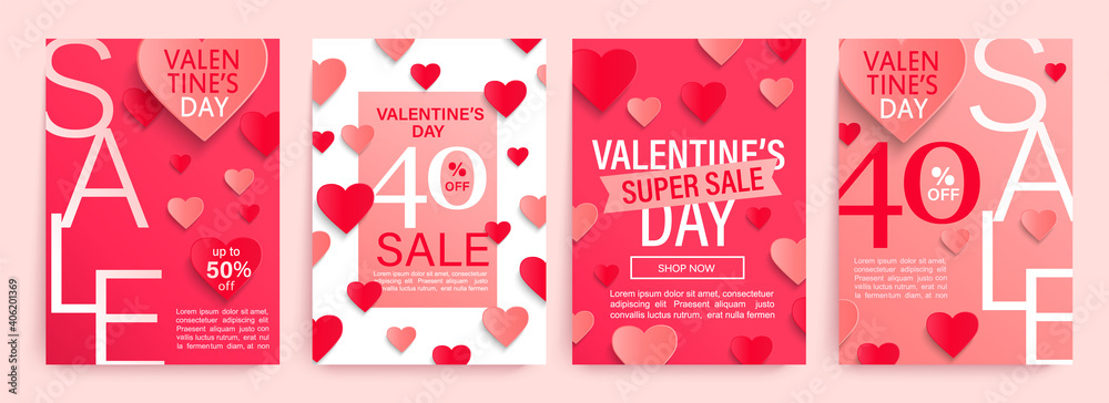 Set Valentine's day sale offer banners with pink and red paper hearts,poster template.Abstract background with hearts ornaments.Discount flyer,card for february 14 Special offers, best deals.Vector - obrazy, fototapety, plakaty 