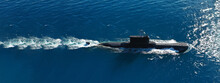 Aerial Drone Ultra Wide Panoramic Photo Of Latest Technology Armed Diesel Powered Submarine Cruising Half Submerged Open Ocean Sea
