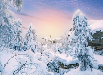 Wall Mural - landscape with purple color, mountains, forest and snow cover. ural, russia perm krai stone city.