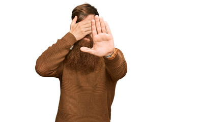 Poster - Young irish redhead man wearing casual clothes and glasses covering eyes with hands and doing stop gesture with sad and fear expression. embarrassed and negative concept.