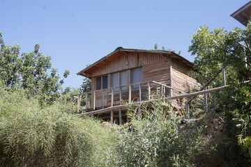 Poster - Low angle shot of a beautiful wooden house with a green garden