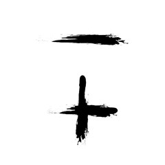 Poster - Vector icon plus and minus in grunge style. Icon plus and minus isolated on a white background. A set icons of black plus and minus in grunge style.