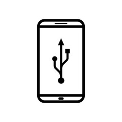 Poster - Simple outline icon of smartphone with USB icon on screen. Icon isolated. Vector illustration.