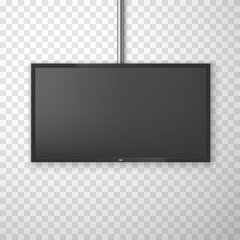 Hanging screen realistic mockup. Widescreen empty monitor template. Copy space. LCD panel.