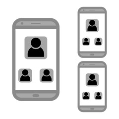 Poster - Vector icon of video conference from phone. Business chat on a smartphone. Communication of three people on a smartphone. Three people icons in three smartphones. Vector illustration. Icon isolated.