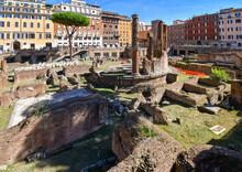 The Excavated Underground Ruins At Largo Di Torre Argentina Containing Roman Temples And The Remains Of Pompey's Theatre, Now A Cat Sanctuary, In Rome, Italy.
