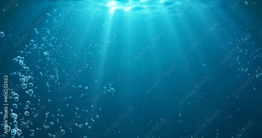 Underwater background with water bubbles and undersea light rays shine ...
