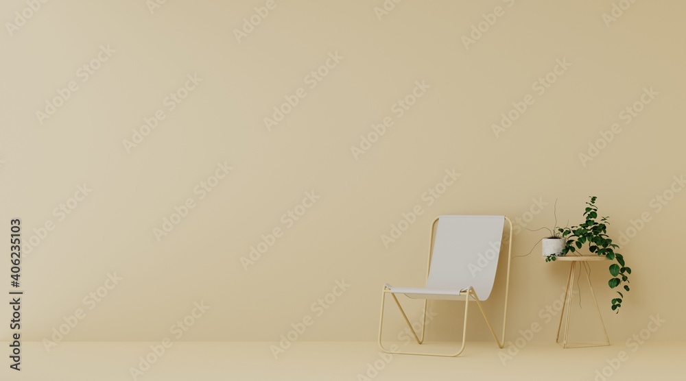 Beach Chair And Potted Plant On Table In Light Brown Livingroom - obrazy, fototapety, plakaty 