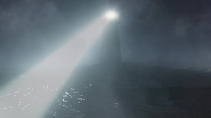 Wall Mural - lighthouse on stormy misty sea 4k loop features a view of a dark ocean with strong waves with mist m